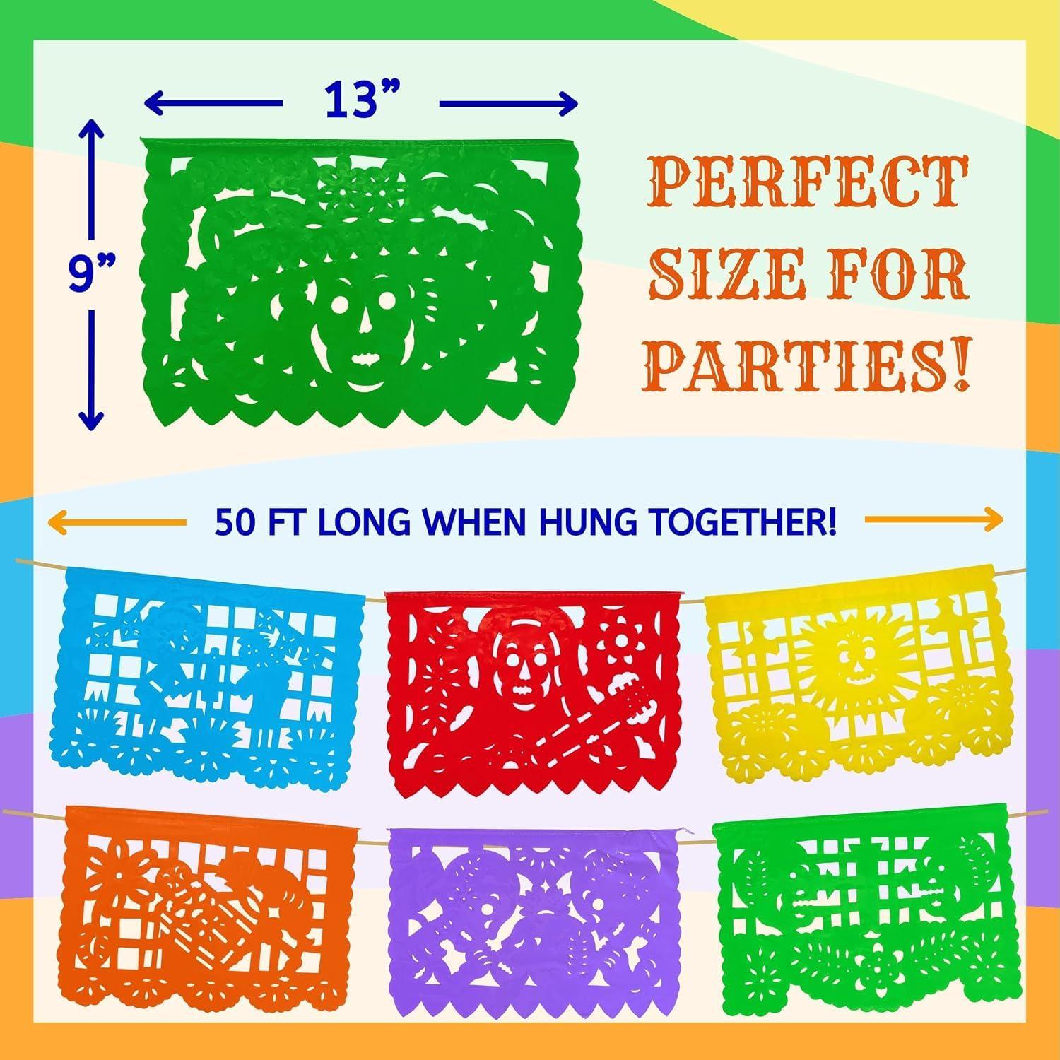 Mexican Papel Picado Banner Set, 4 Pack, Vibrant Fiesta Garland (50ft)