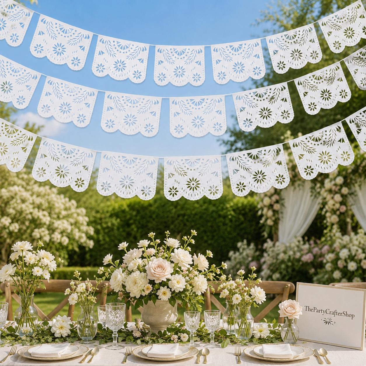 White Papel Picado Banner Set, Mexican Plastic Garland, Outdoor Party Decorations (164FT)