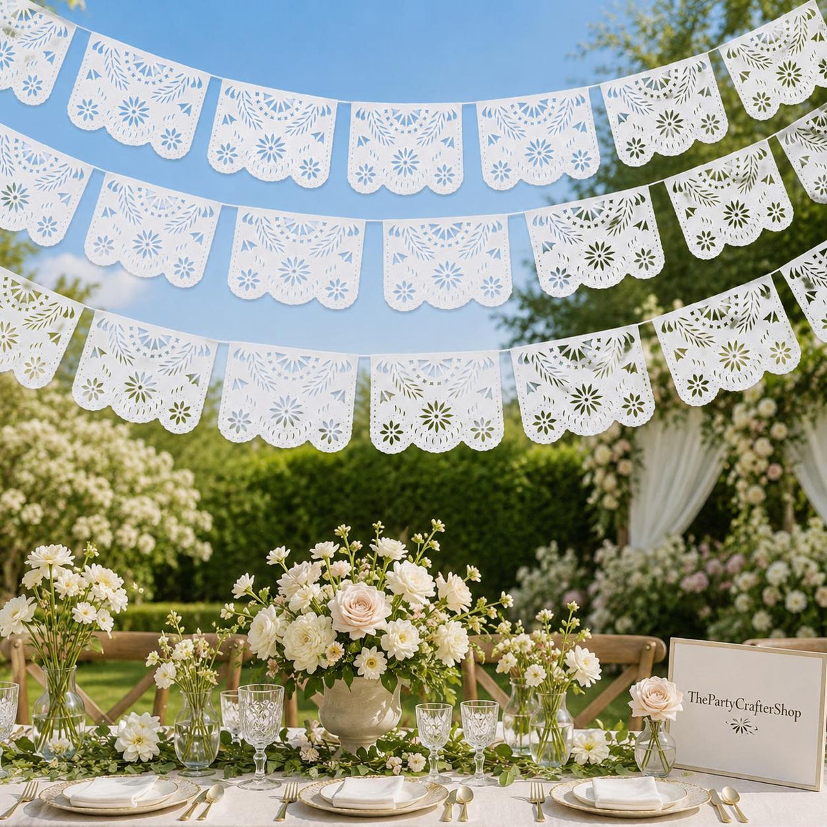 White Papel Picado Banner Set, Mexican Plastic Garland, Outdoor Party Decorations (164FT)