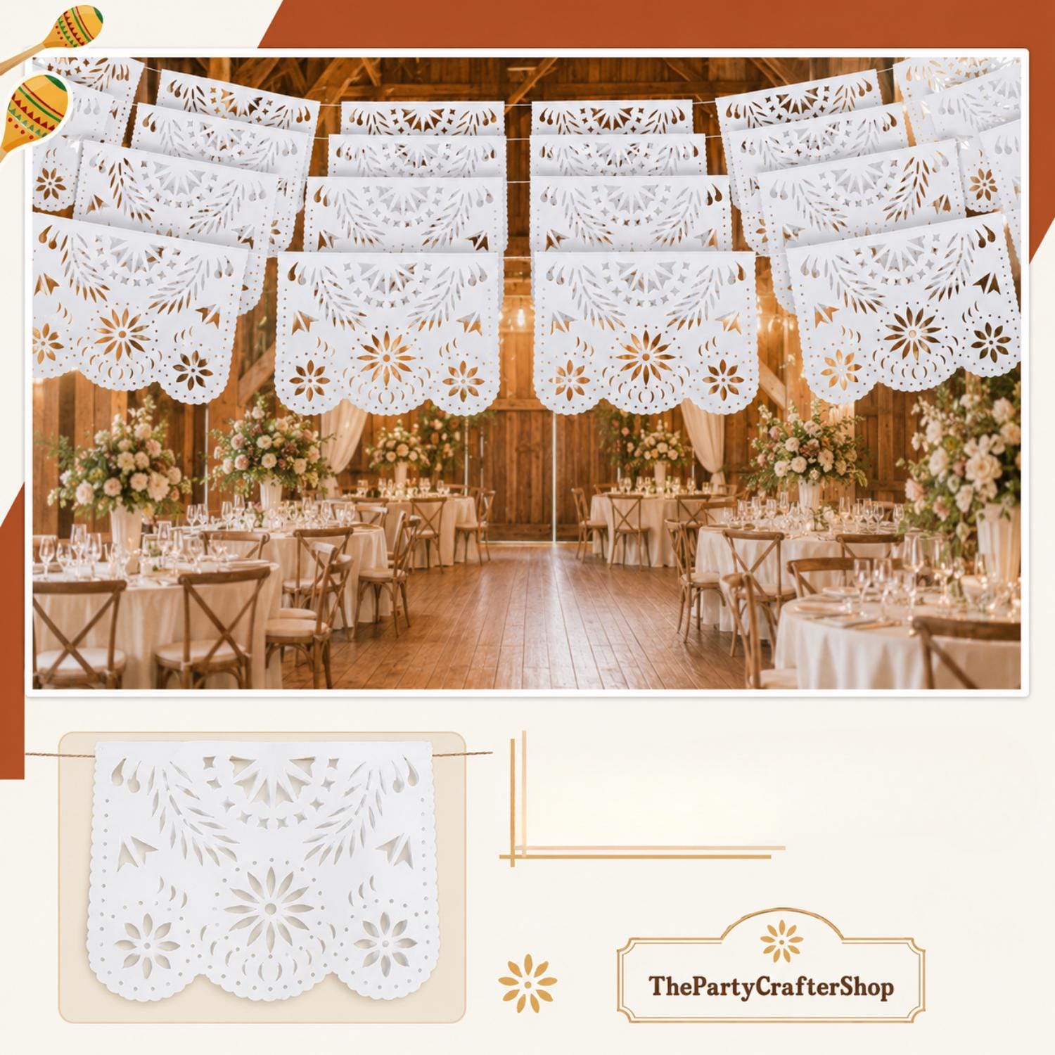 White Papel Picado Banner Set, Mexican Plastic Garland, Outdoor Party Decorations (164FT)