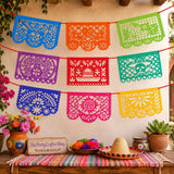 Mexican Felt Papel Picado Banner 15FT, 9 Pattern Panels 17x12 Inch, Fiesta Party Decorations