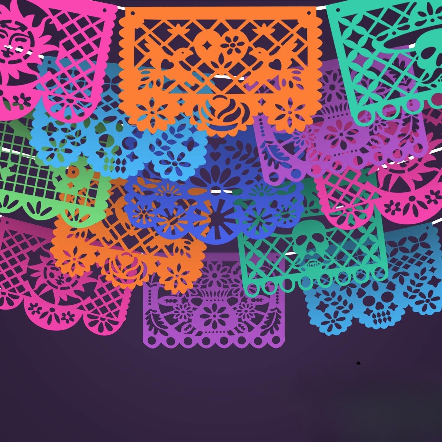 Mexican Felt Papel Picado Banner 15FT, 9 Pattern Panels 17x12 Inch, Fiesta Party Decorations