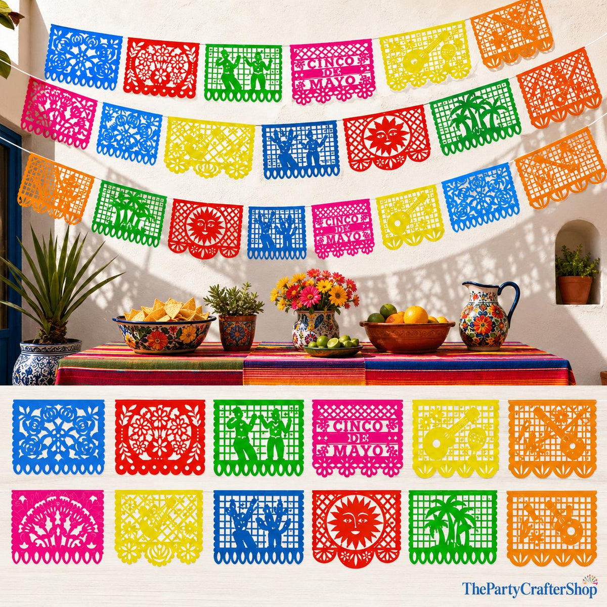 Mexican Papel Picado Banner Set, 5 Pack 90FT, 12 Pattern Fiesta Garland (PVC)