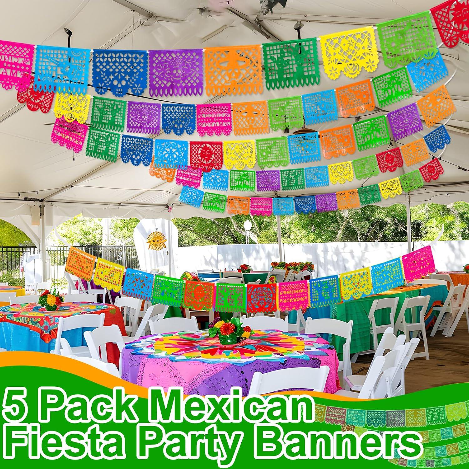 Mexican Papel Picado Banner Set, 5 Pack 90FT, 12 Pattern Fiesta Garland (PVC)