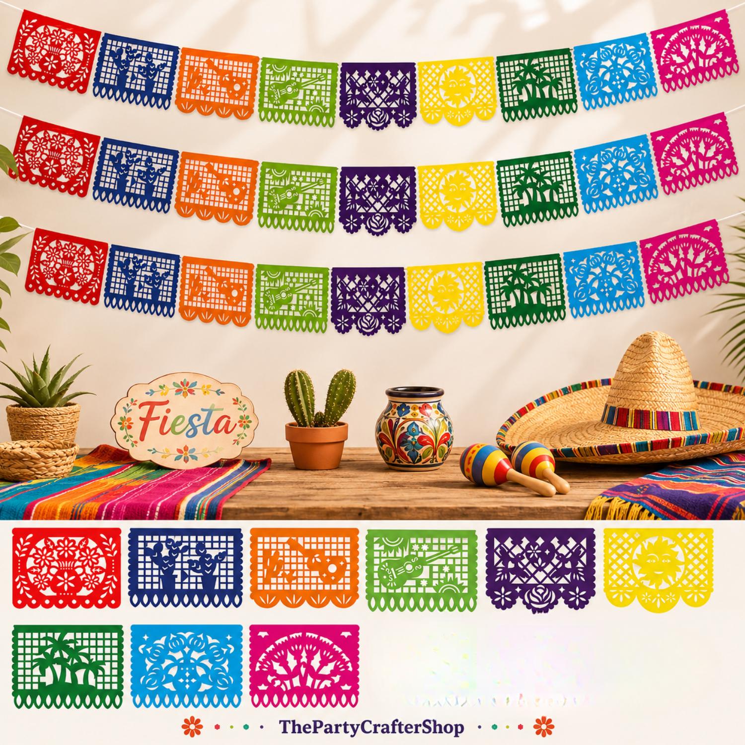 Mexican Papel Picado Banner Set, 54FT Plastic Fiesta Garland (3 Pack)