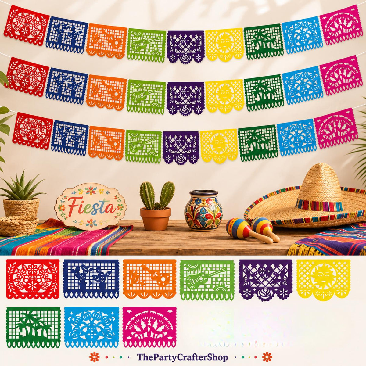Mexican Papel Picado Banner Set, 54FT Plastic Fiesta Garland (3 Pack)