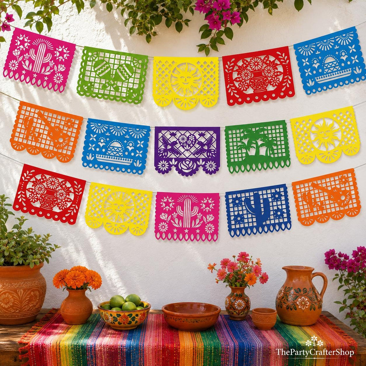 18FT Papel Picado Banner, Mexican Fiesta Flags, Rainbow Cutout Decor