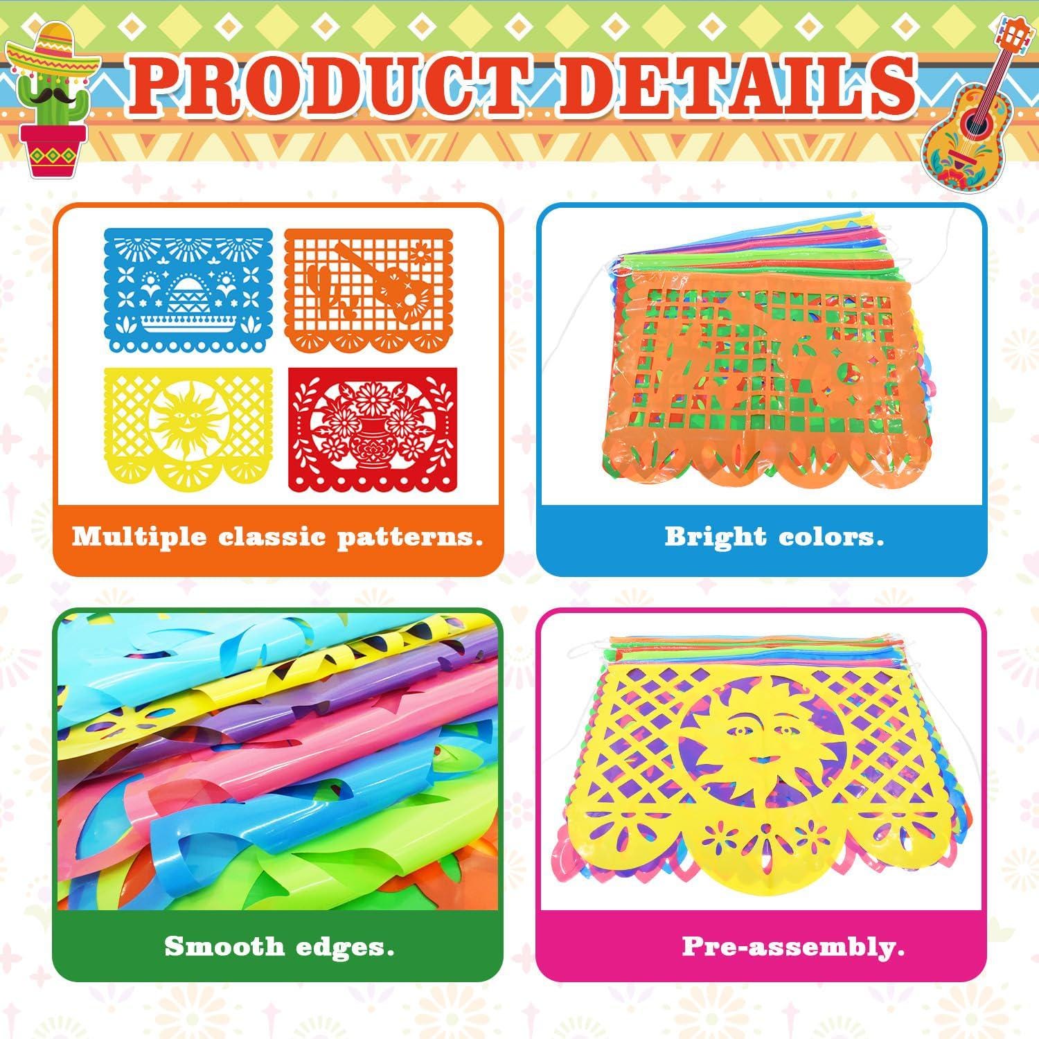 18FT Papel Picado Banner, Mexican Fiesta Flags, Rainbow Cutout Decor