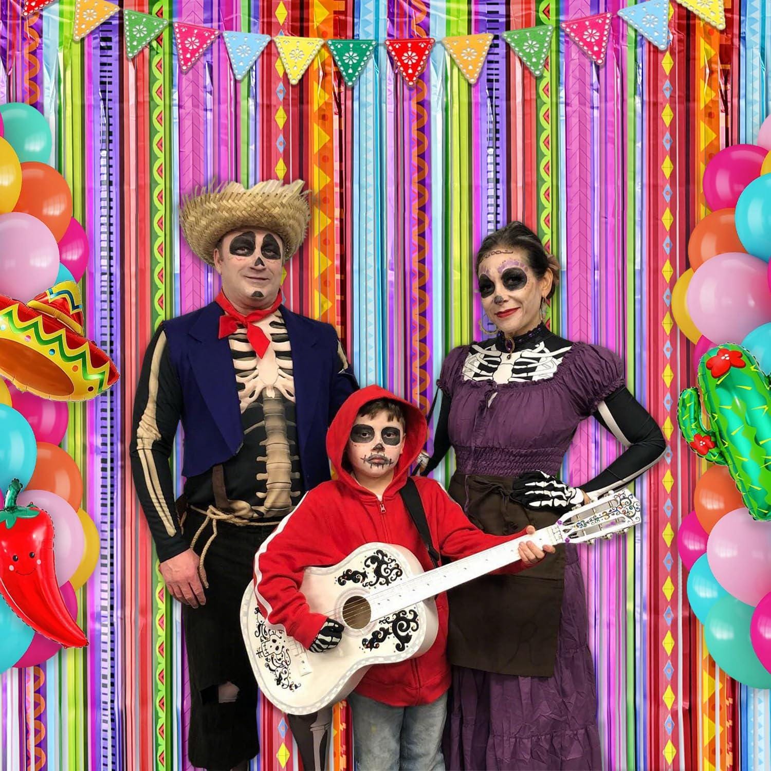 Mexican Fiesta Foil Curtain Backdrop, Rainbow Tinsel Streamers (2 Pack)