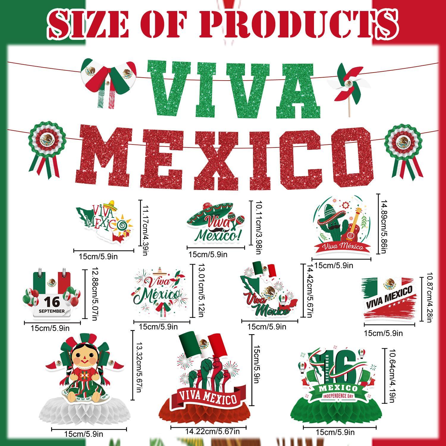 Mexican Independence Day Decorations 12PCS, Viva Mexico Banner Swirls Honeycomb Centerpieces, Fiesta Party Decor