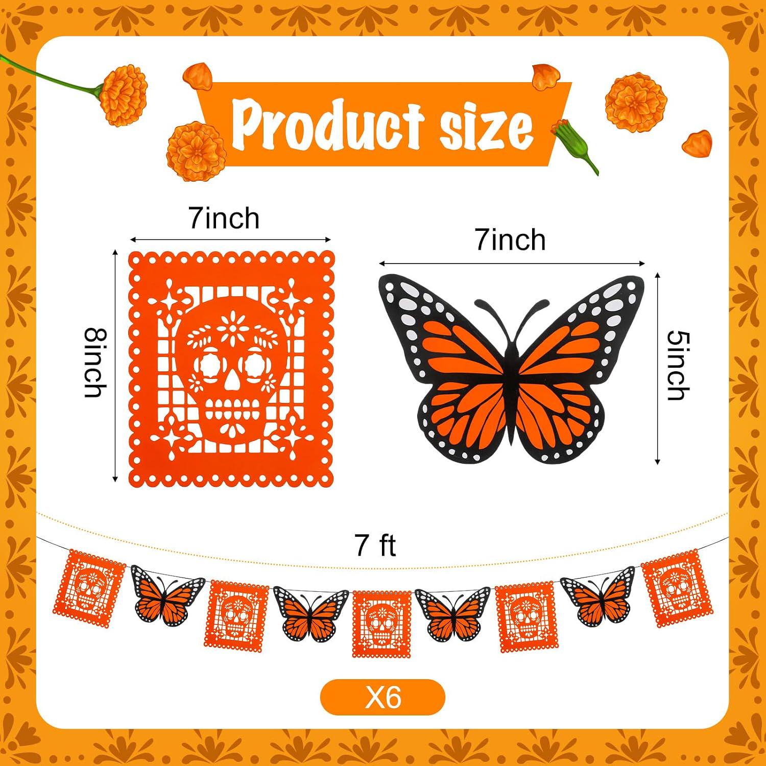 Butterfly Papel Picado Banner, Dia de los Muertos Decorations (6 Pack)