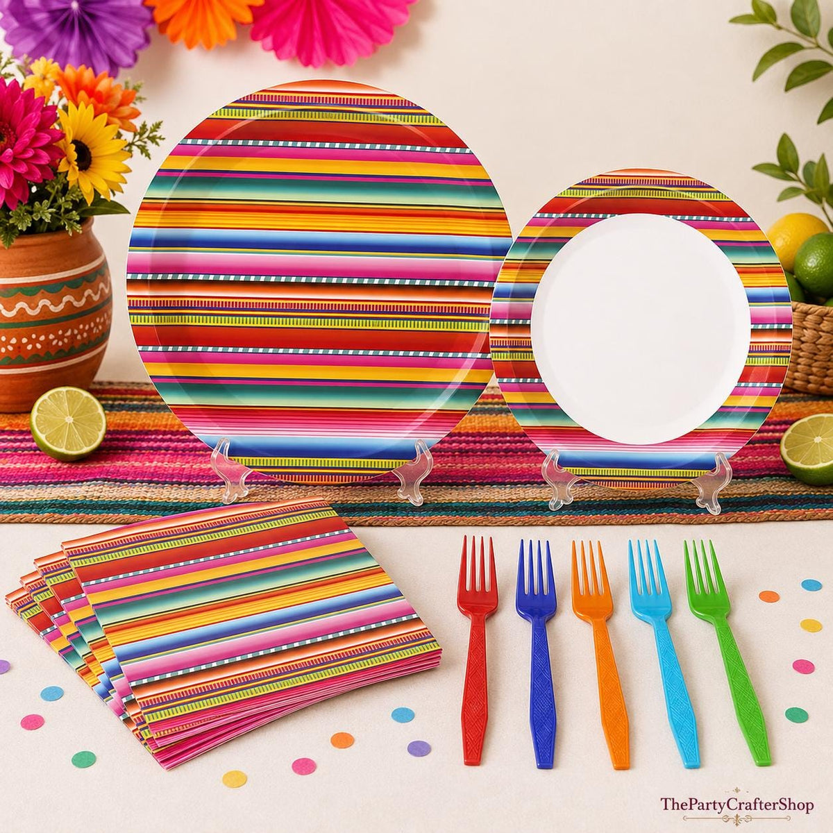 Mexican Fiesta Tableware Set, Serape Stripe Plates, Napkins, Forks (100 Pieces)
