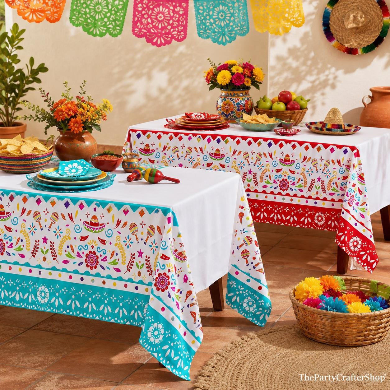 Mexican Fiesta Tablecloth Set, 2-Pack Disposable Plastic Covers (54x108 inches)