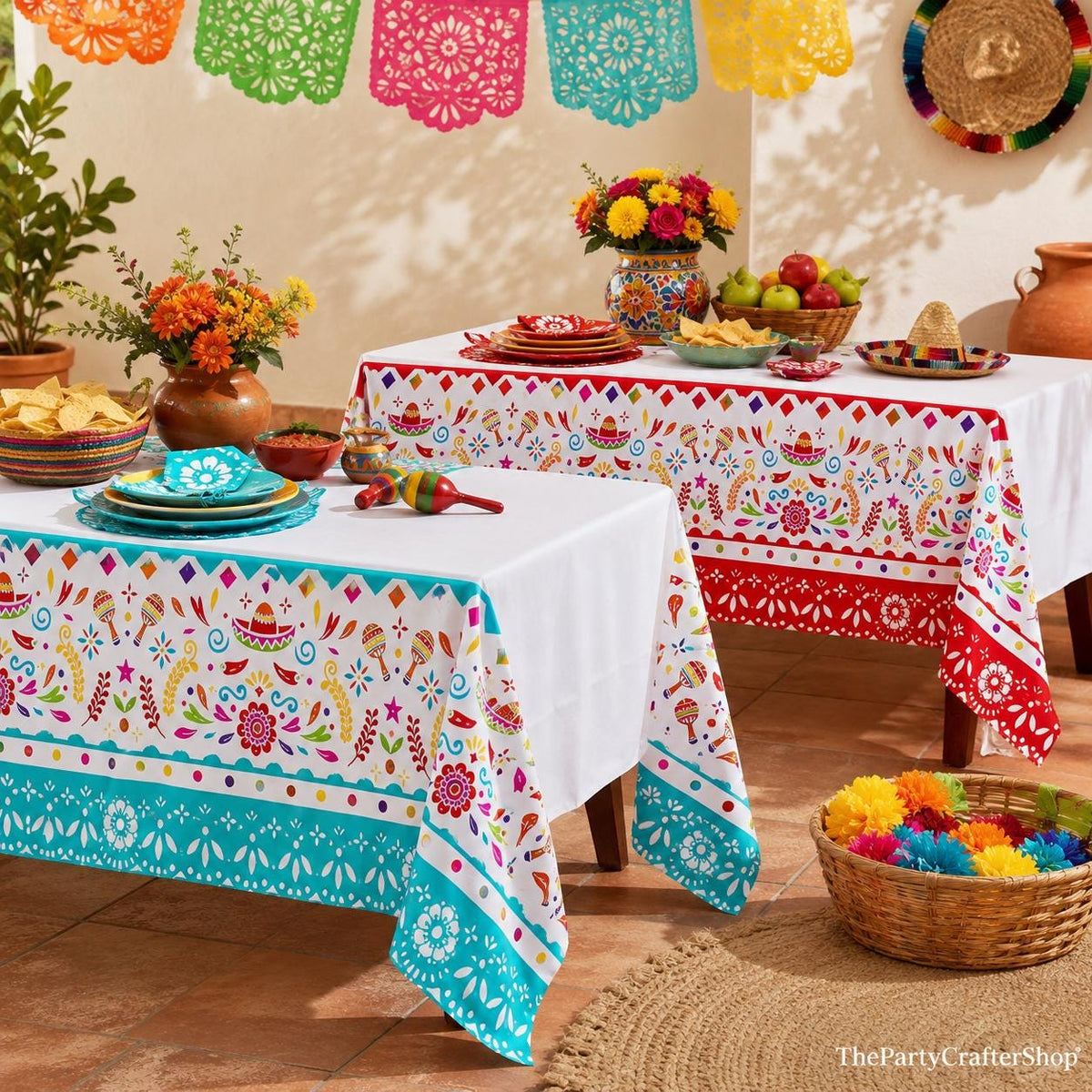 Mexican Fiesta Tablecloth Set, 2-Pack Disposable Plastic Covers (54x108 inches)