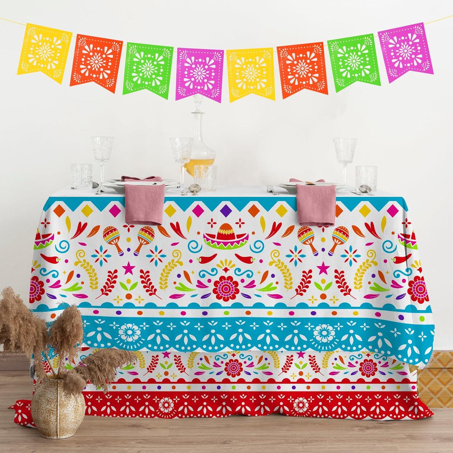 Mexican Fiesta Tablecloth Set, 2-Pack Disposable Plastic Covers (54x108 inches)