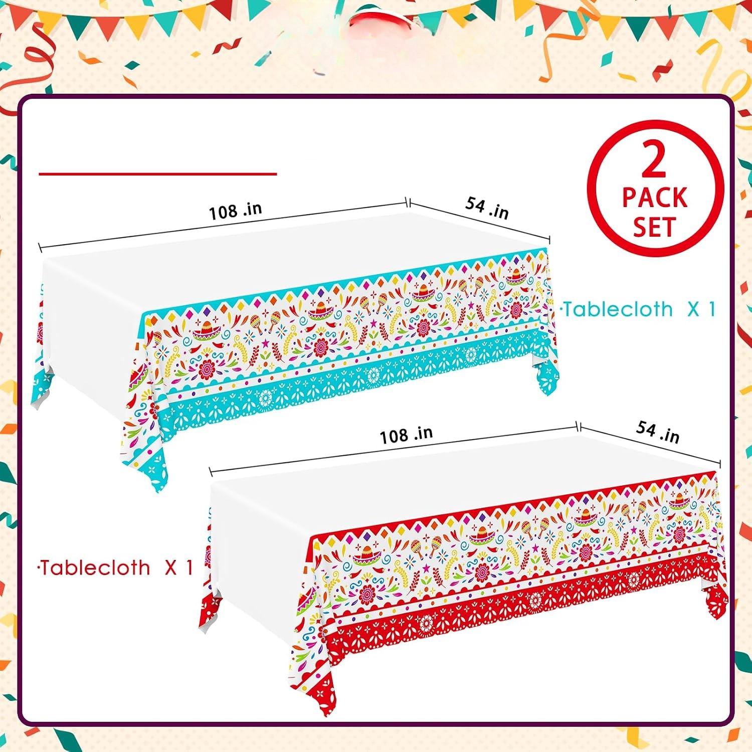 Mexican Fiesta Tablecloth Set, 2-Pack Disposable Plastic Covers (54x108 inches)