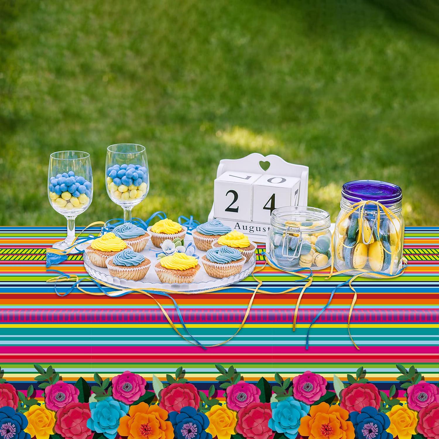 Mexican Fiesta Tablecloth Set, Floral Stripe Party Covers (3PCS)