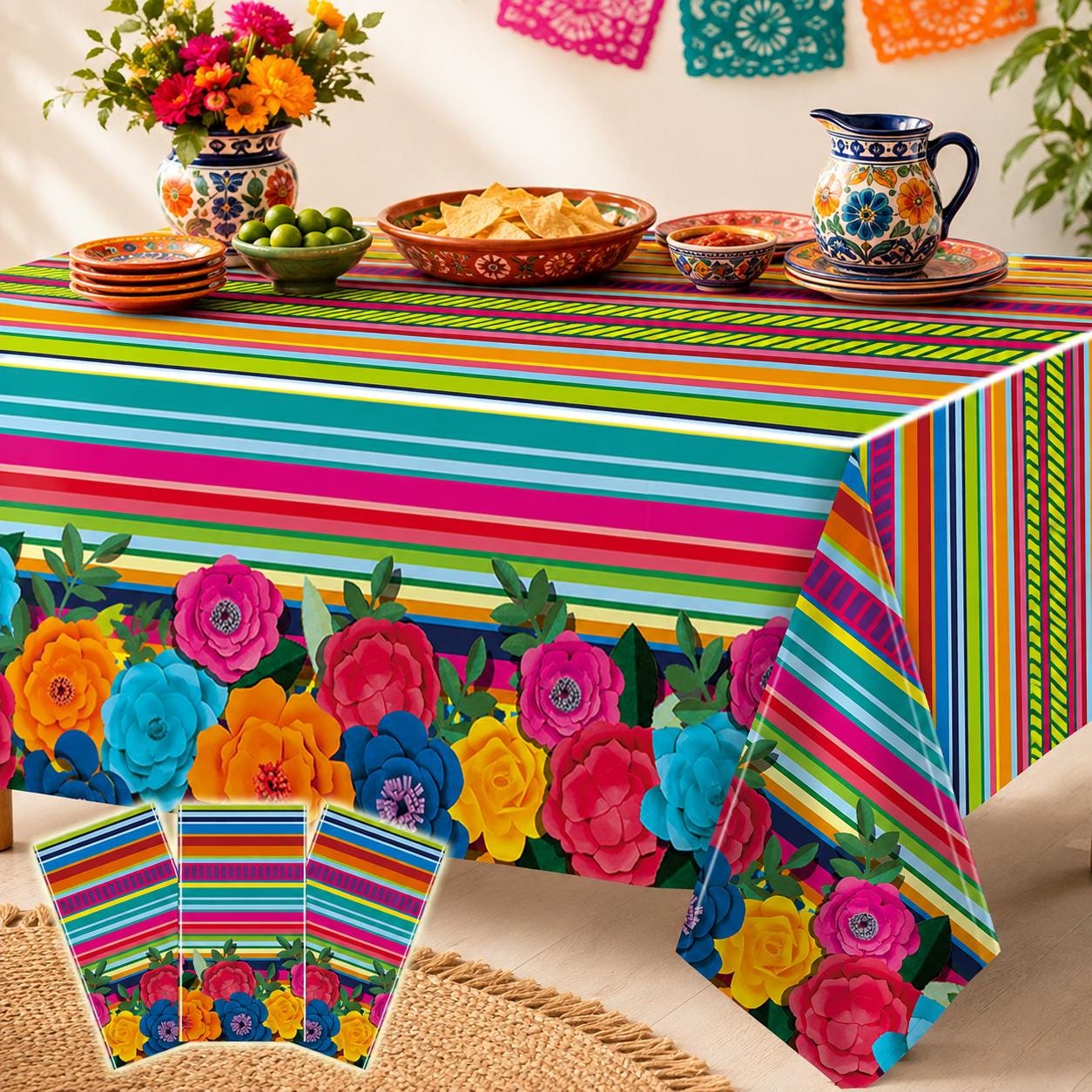 Mexican Fiesta Tablecloth Set, Floral Stripe Party Covers (3PCS)