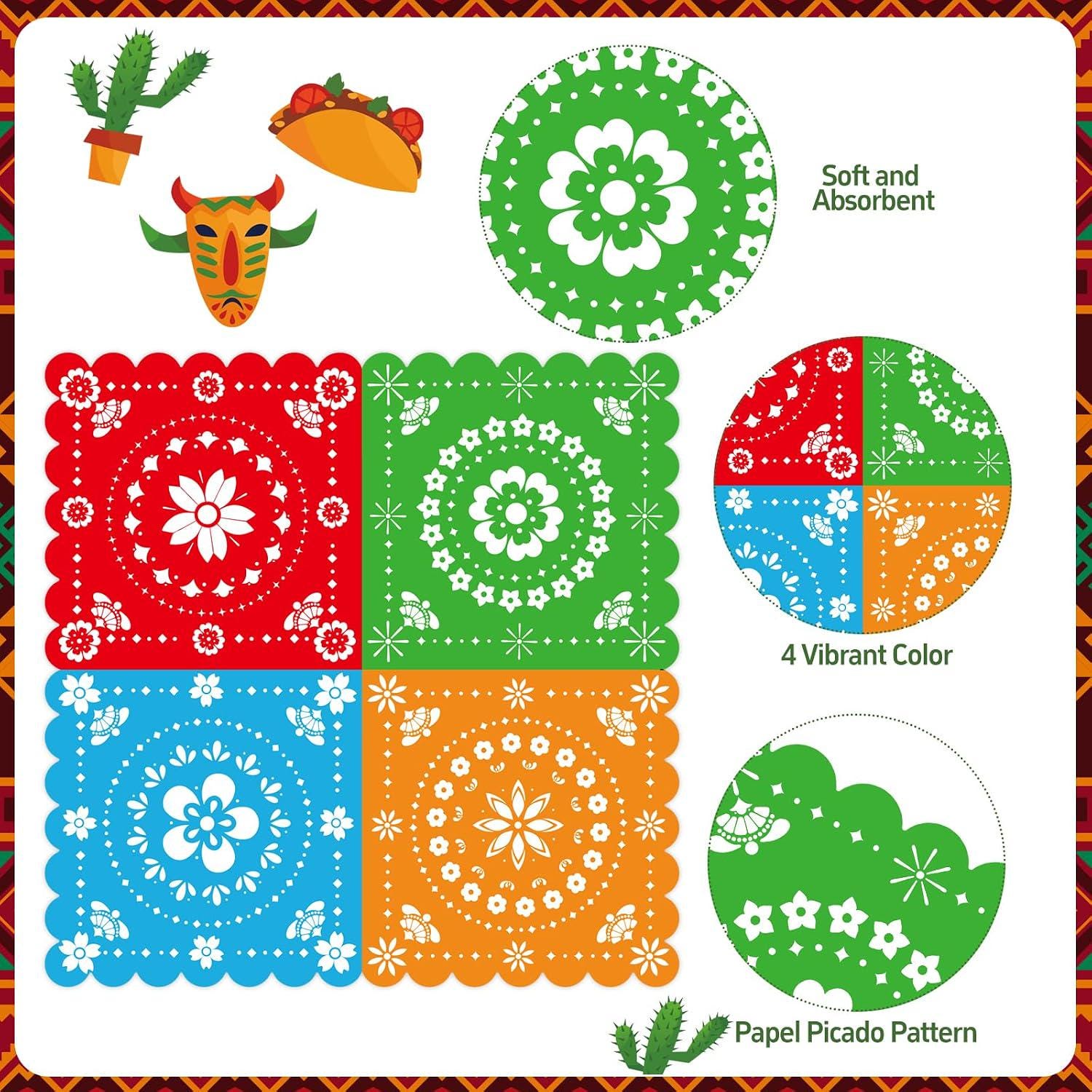 Mexican Fiesta Papel Picado Napkins, 50 Count, 13x13 Inch, Vibrant Party Decorations