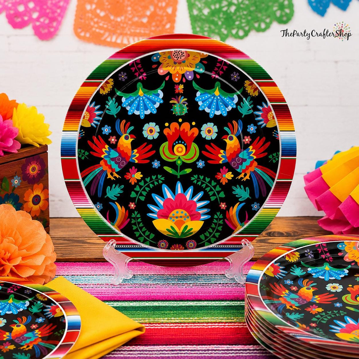 Mexican Fiesta Paper Plates, 9 Inch Floral Serape Stripes (50 Count)