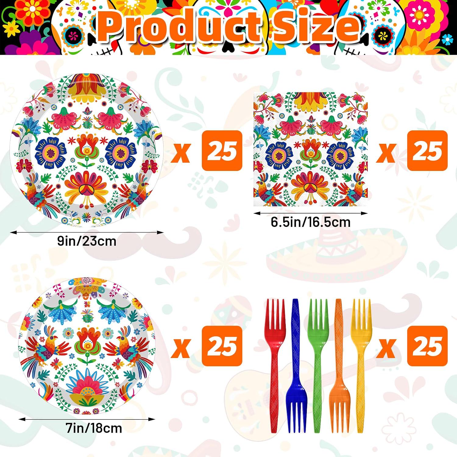 Mexican Fiesta Tableware Set, Floral Bird Plates, Napkins, Forks (100 Pieces)