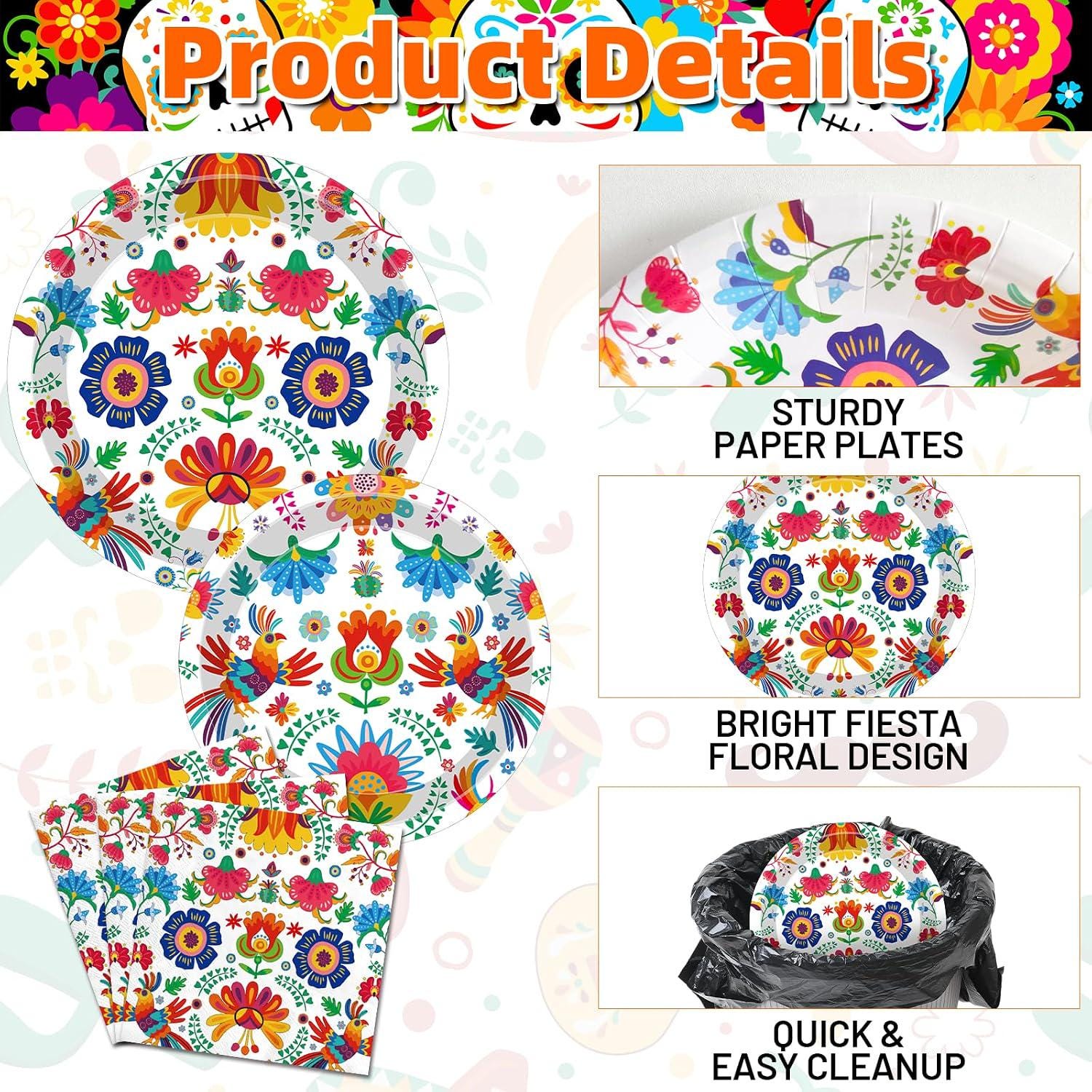 Mexican Fiesta Tableware Set, Floral Bird Plates, Napkins, Forks (100 Pieces)