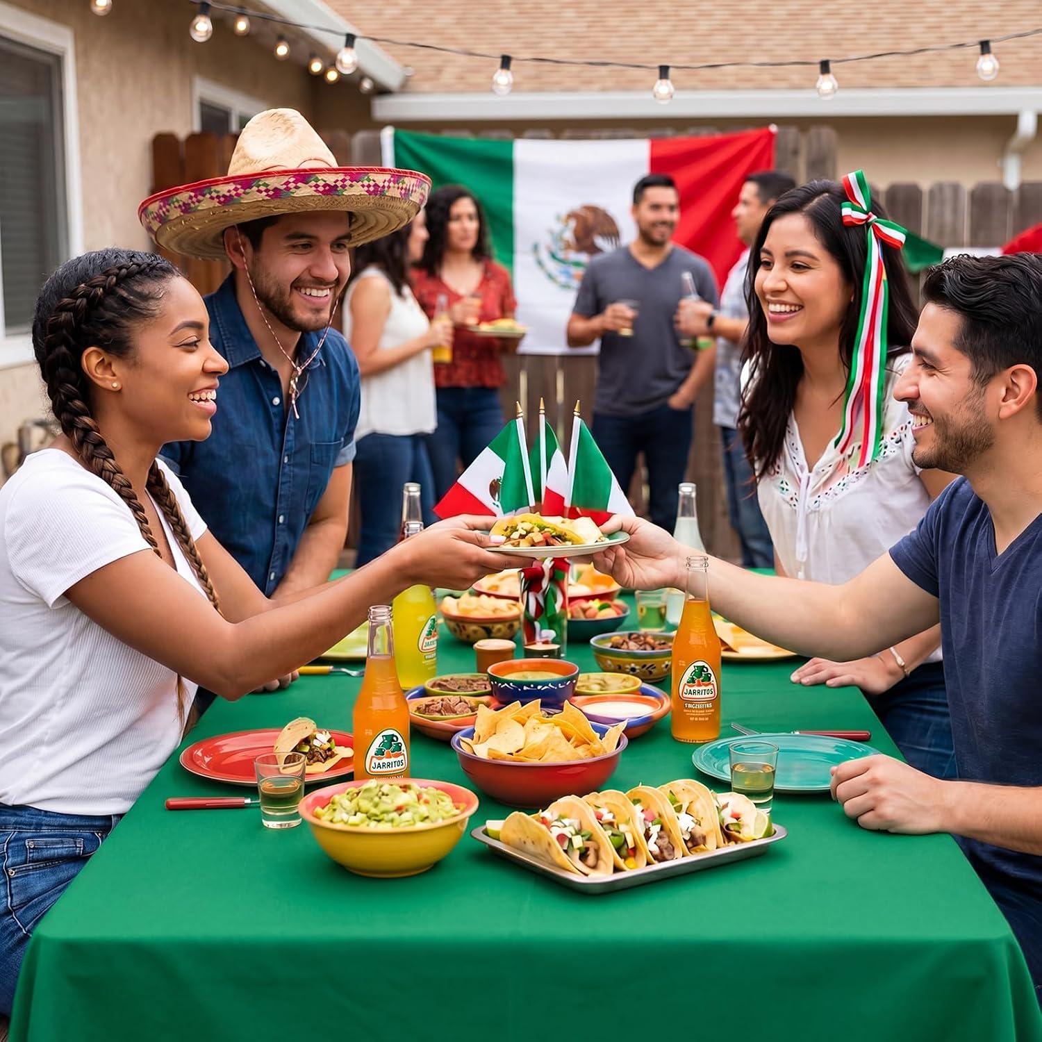 Mexican Independence Day Tablecloth Set, Red White Green Plastic Covers (54x108 Inch)