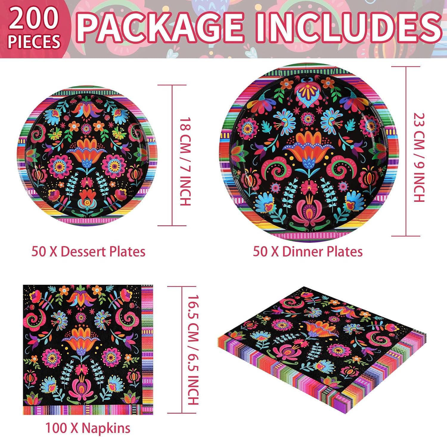 Mexican Fiesta Tableware Set, Talavera Floral Plates Napkins (200PCS)