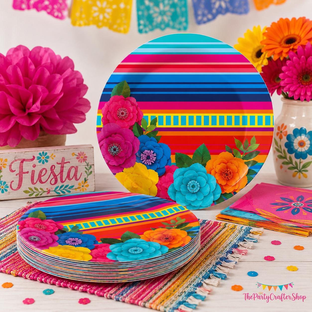 Mexican Fiesta Paper Plates 50PCS, 7 Inch Floral Stripe Disposable Plates, Taco Pinata Party Decor