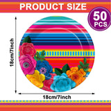 Mexican Fiesta Paper Plates 50PCS, 7 Inch Floral Stripe Disposable Plates, Taco Pinata Party Decor
