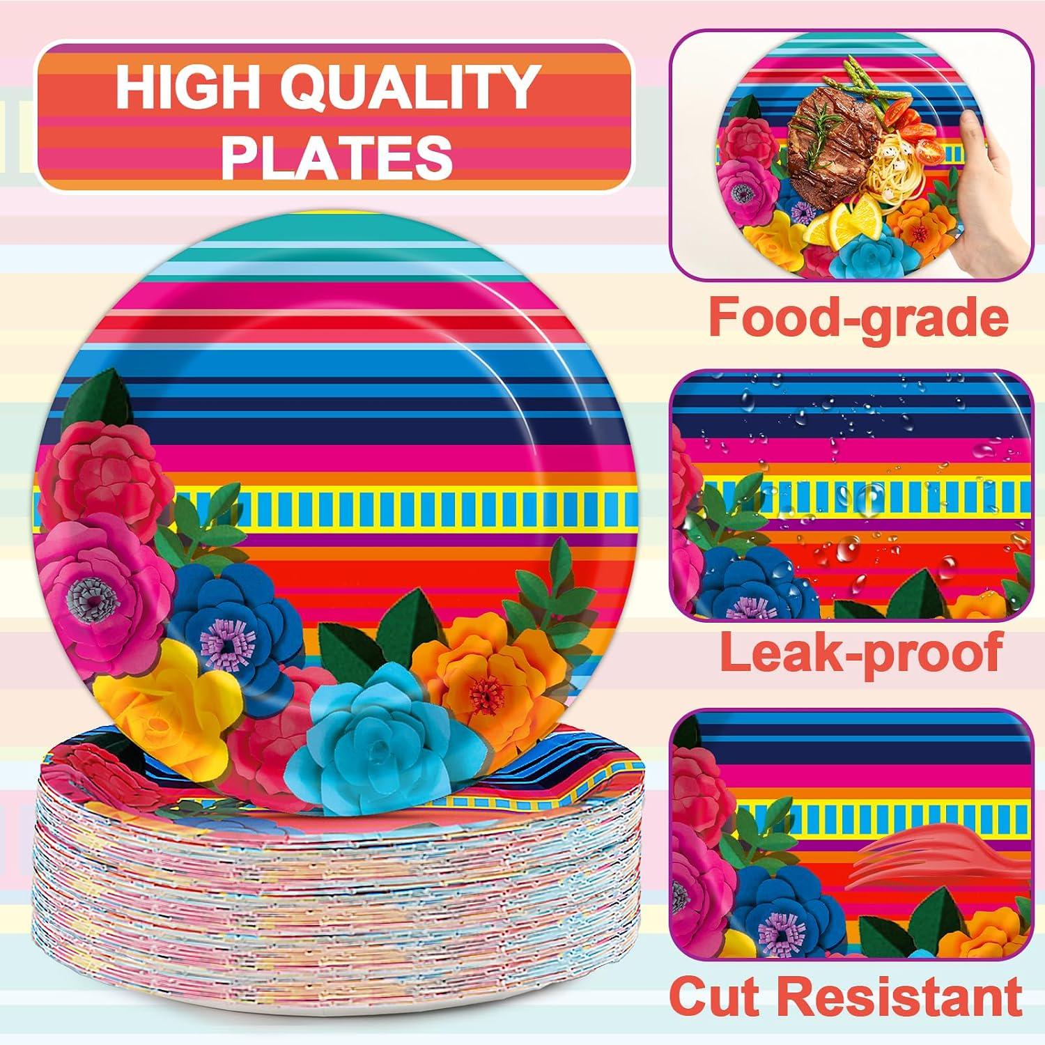 Mexican Fiesta Paper Plates 50PCS, 7 Inch Floral Stripe Disposable Plates, Taco Pinata Party Decor