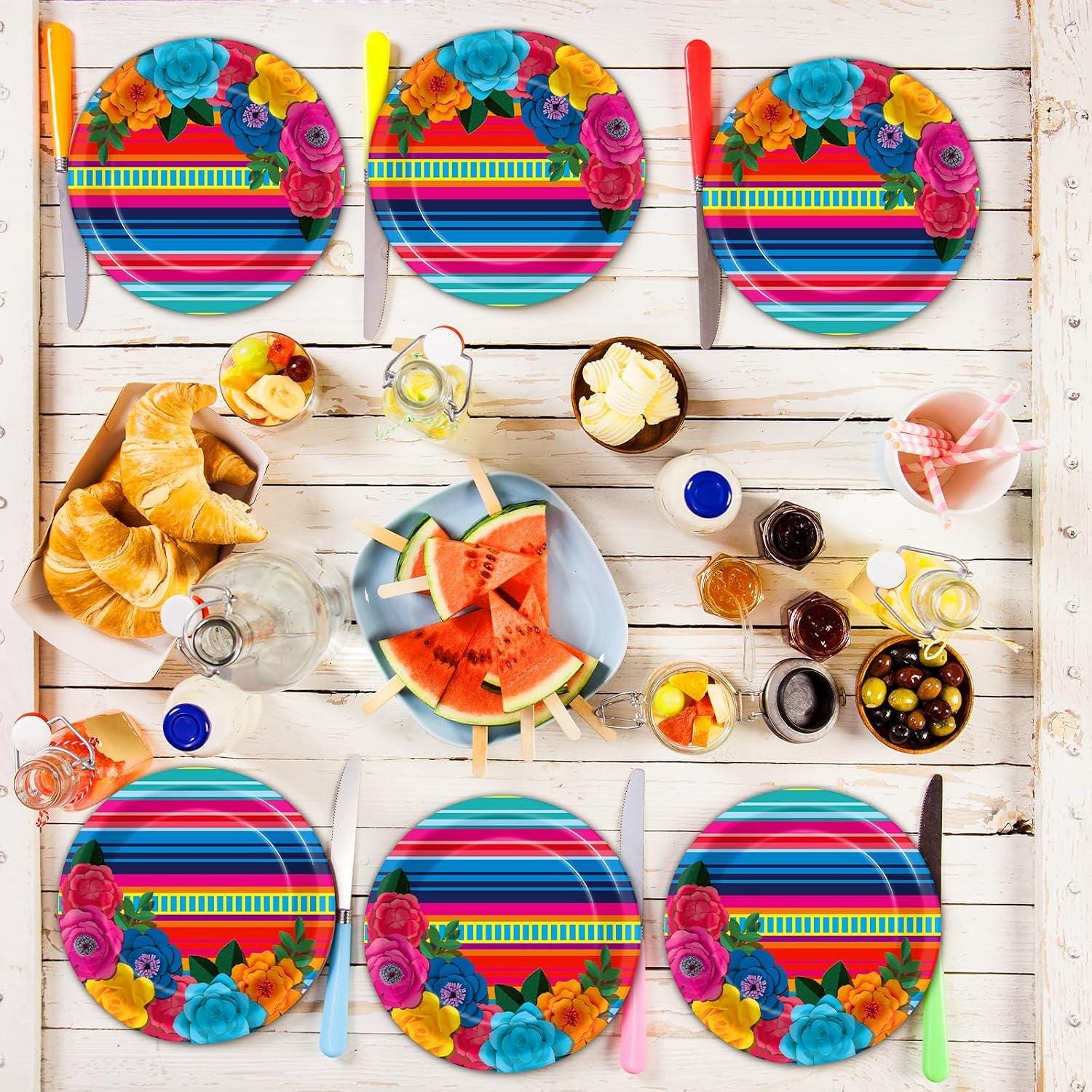 Mexican Fiesta Paper Plates 50PCS, 7 Inch Floral Stripe Disposable Plates, Taco Pinata Party Decor
