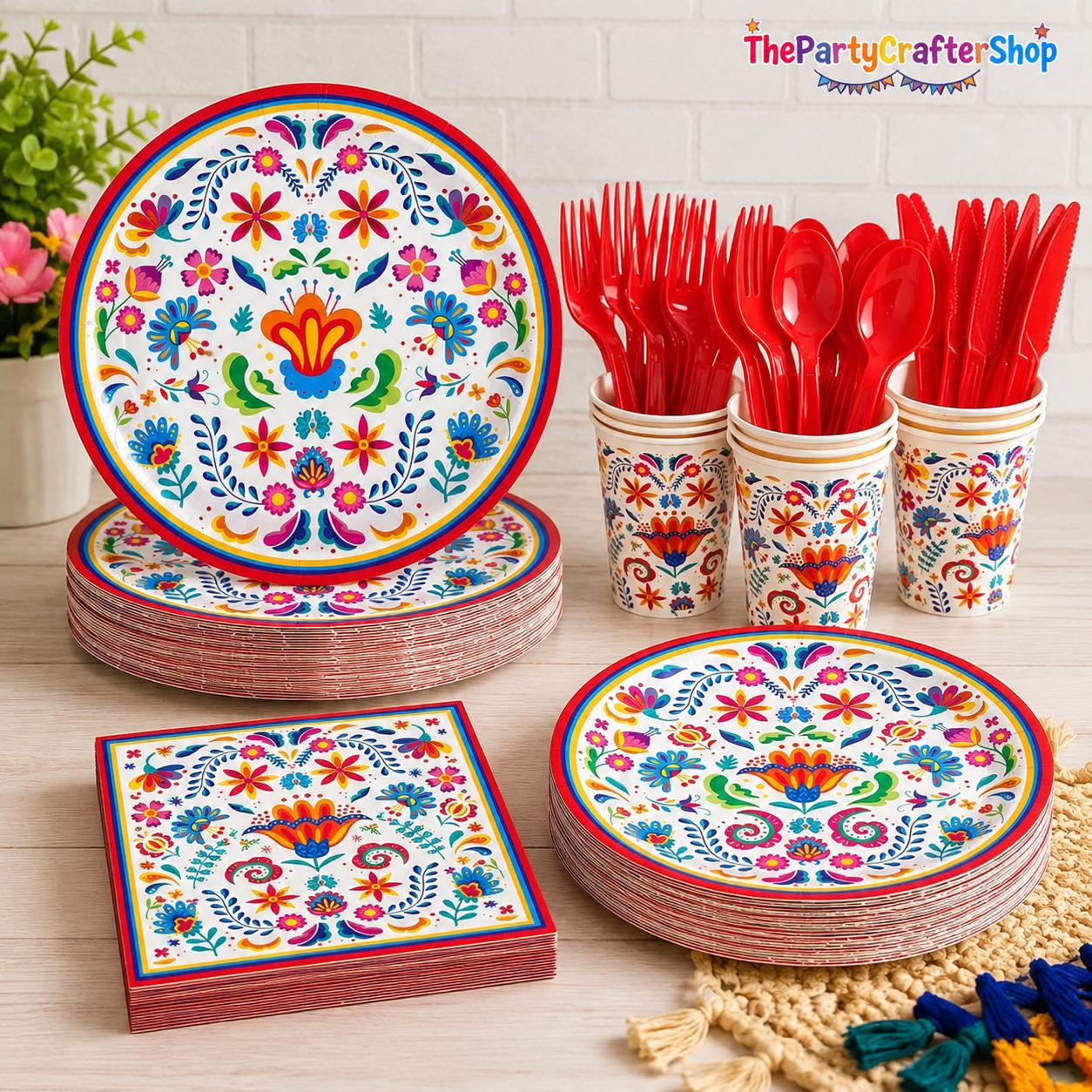 Mexican Fiesta Tableware Set, Floral Mandala Plates, Napkins, Cups, Utensils (168PCS)
