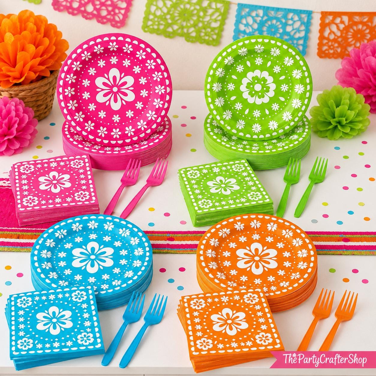 Mexican Fiesta Tableware Set, Papel Picado Floral Plates, Napkins, Forks (96 Pieces)
