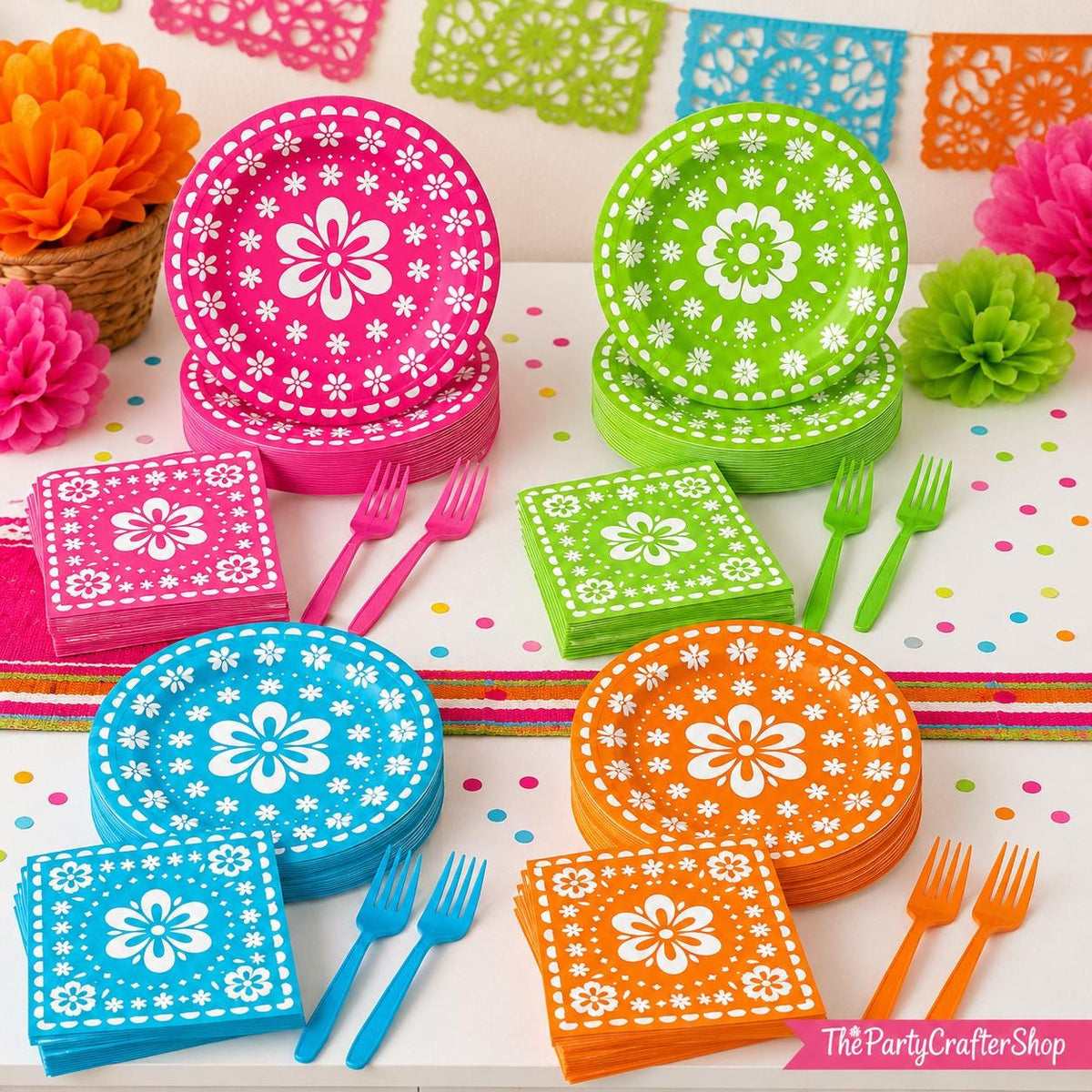 Mexican Fiesta Tableware Set, Papel Picado Floral Plates, Napkins, Forks (96 Pieces)