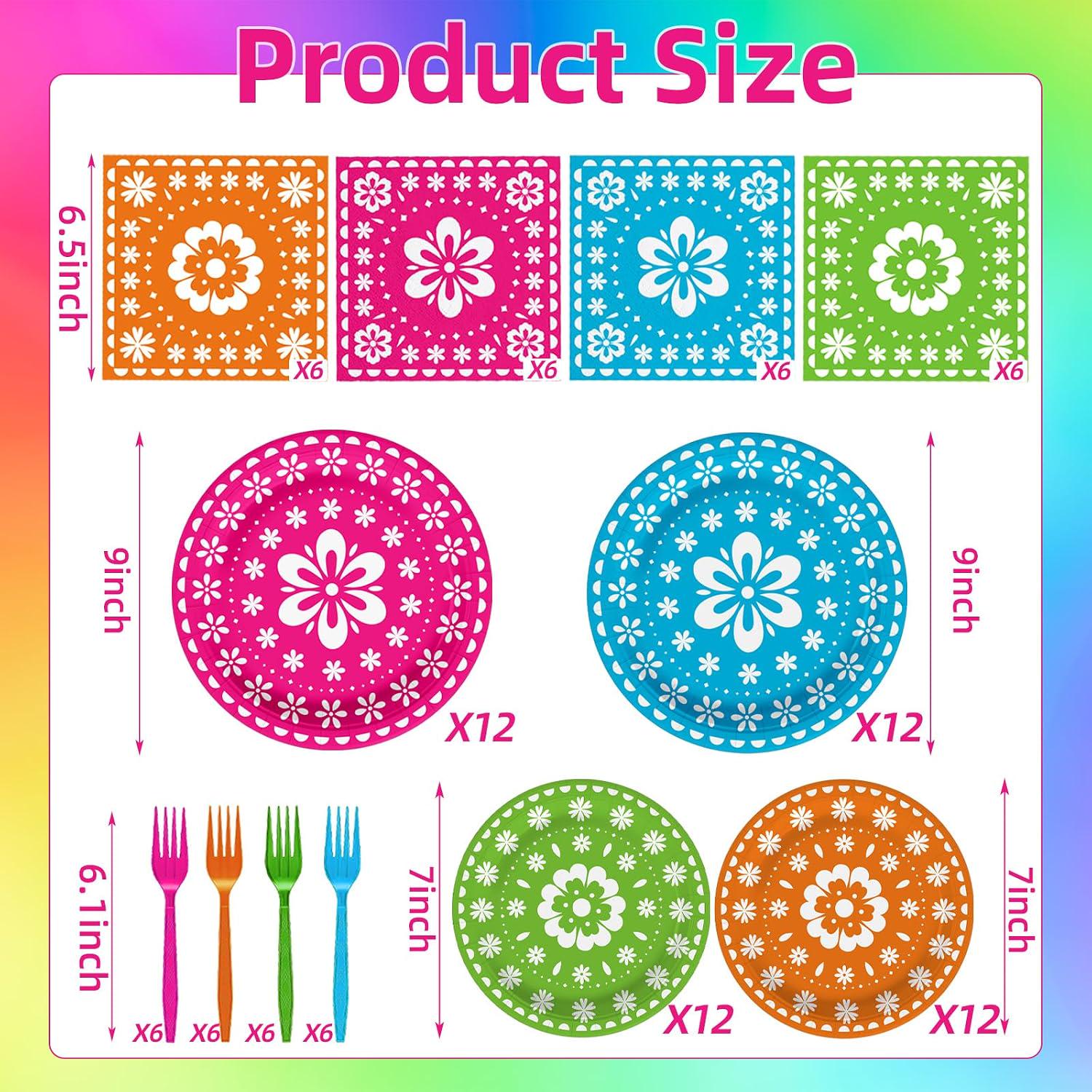 Mexican Fiesta Tableware Set, Papel Picado Floral Plates, Napkins, Forks (96 Pieces)