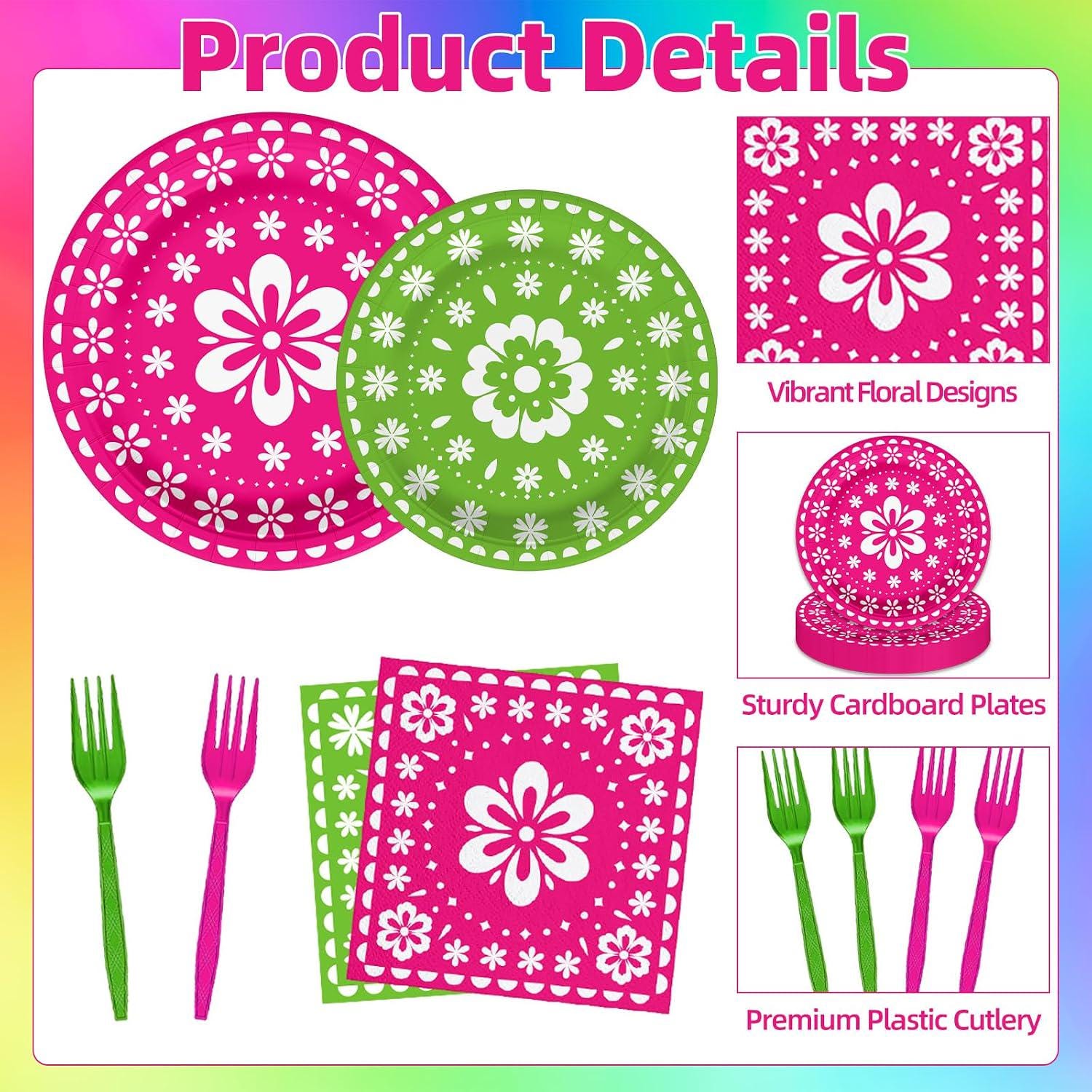 Mexican Fiesta Tableware Set, Papel Picado Floral Plates, Napkins, Forks (96 Pieces)