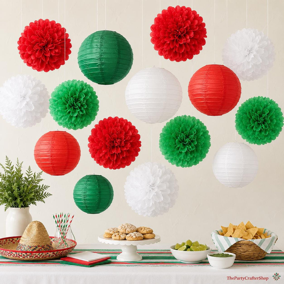 Red Green White Tissue Paper Pom Poms Lanterns, Mexican Fiesta Decor (15PCS)