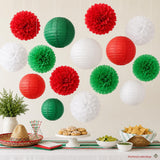 Red Green White Tissue Paper Pom Poms Lanterns, Mexican Fiesta Decor (15PCS)