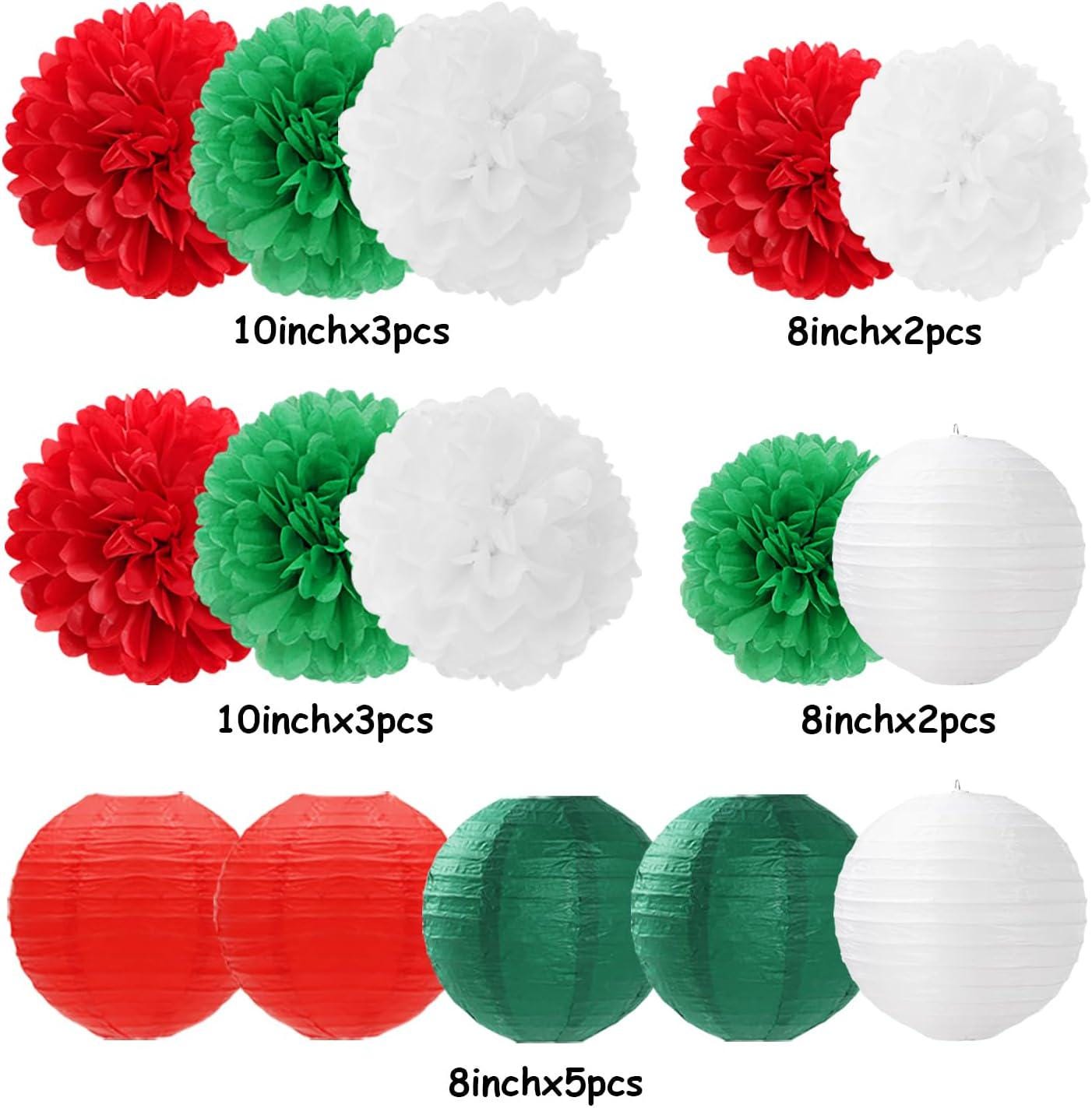 Red Green White Tissue Paper Pom Poms Lanterns, Mexican Fiesta Decor (15PCS)