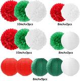 Red Green White Tissue Paper Pom Poms Lanterns, Mexican Fiesta Decor (15PCS)