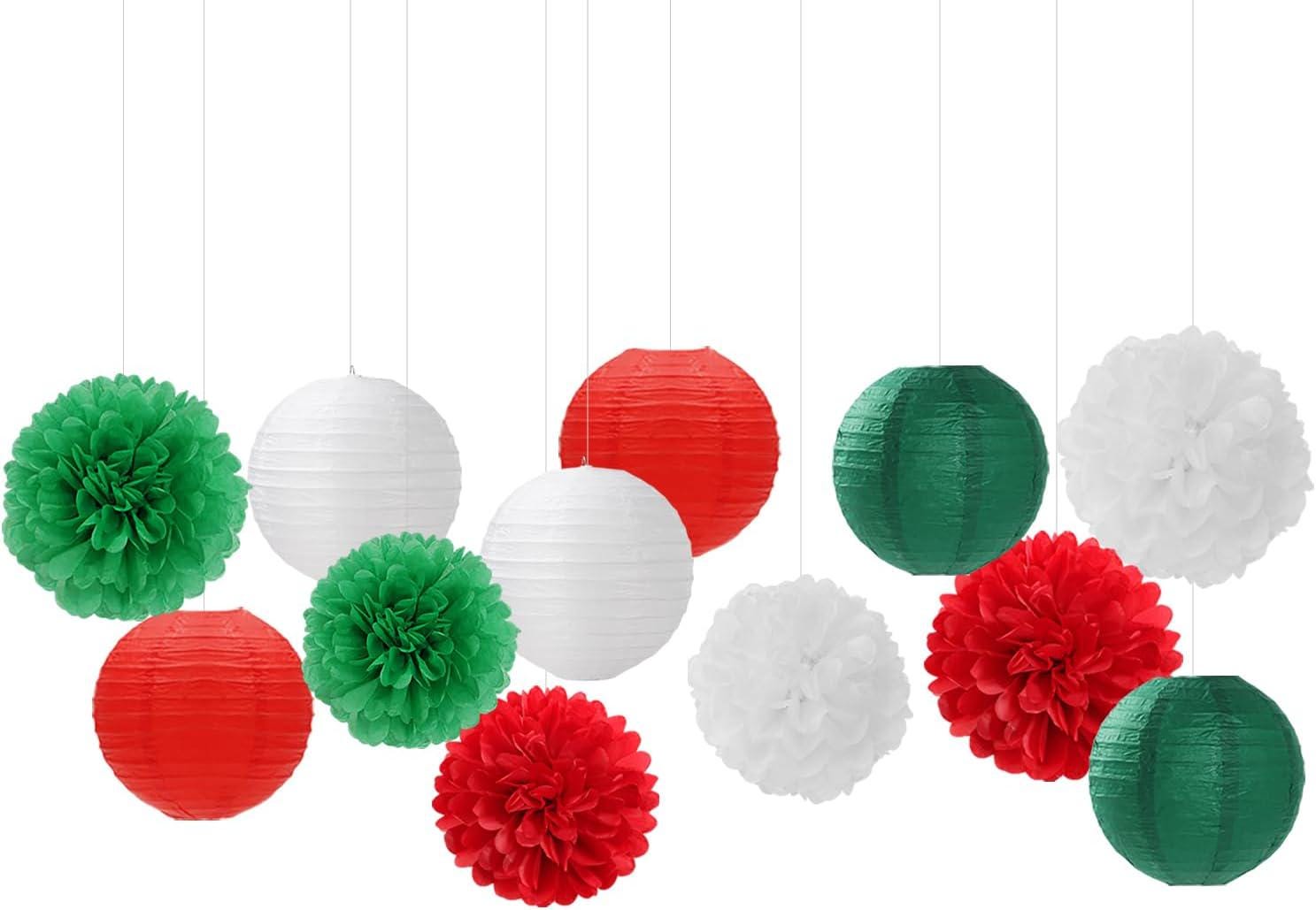 Red Green White Tissue Paper Pom Poms Lanterns, Mexican Fiesta Decor (15PCS)