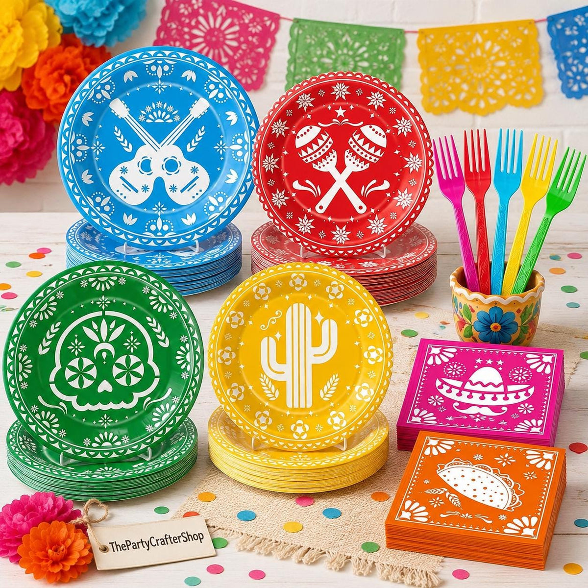 Mexican Fiesta Tableware Set, Papel Picado Plates Napkins, 24 Guests (96PCS)