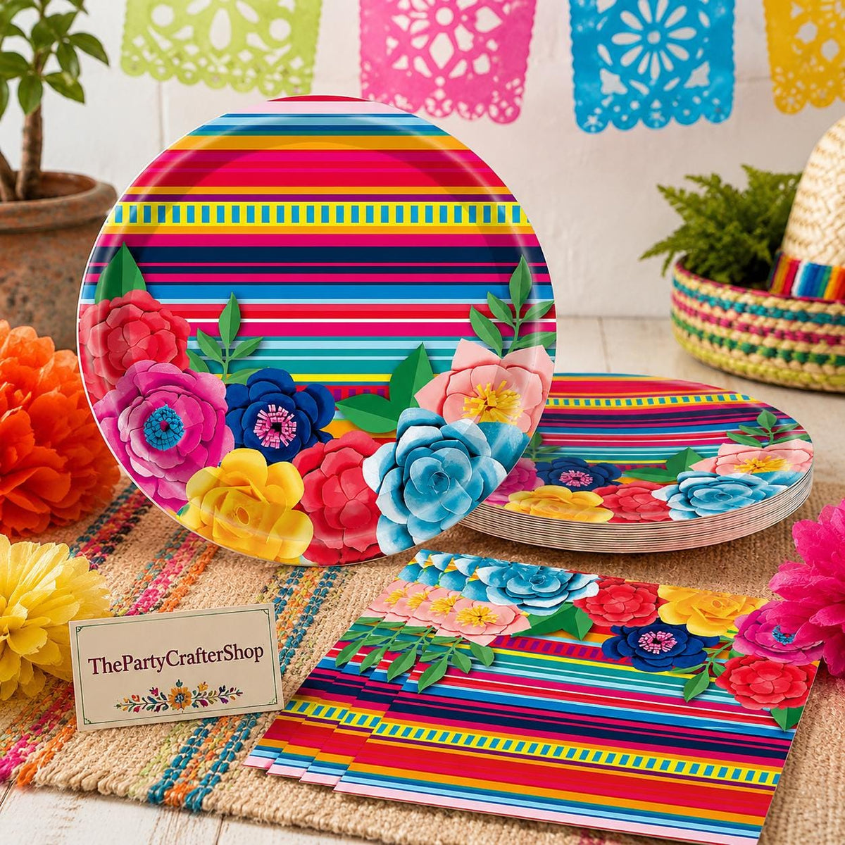 Mexican Fiesta Tableware Set, Papel Picado Plates Napkins, Colorful Floral Stripes (20 Count)