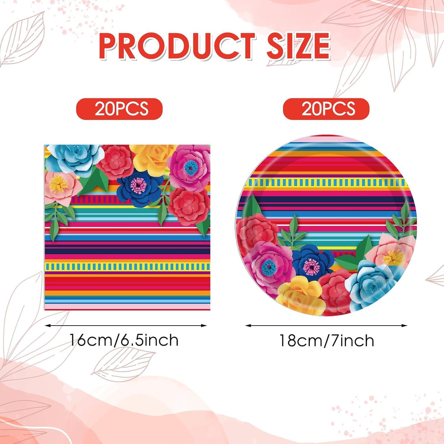 Mexican Fiesta Tableware Set, Papel Picado Plates Napkins, Colorful Floral Stripes (20 Count)