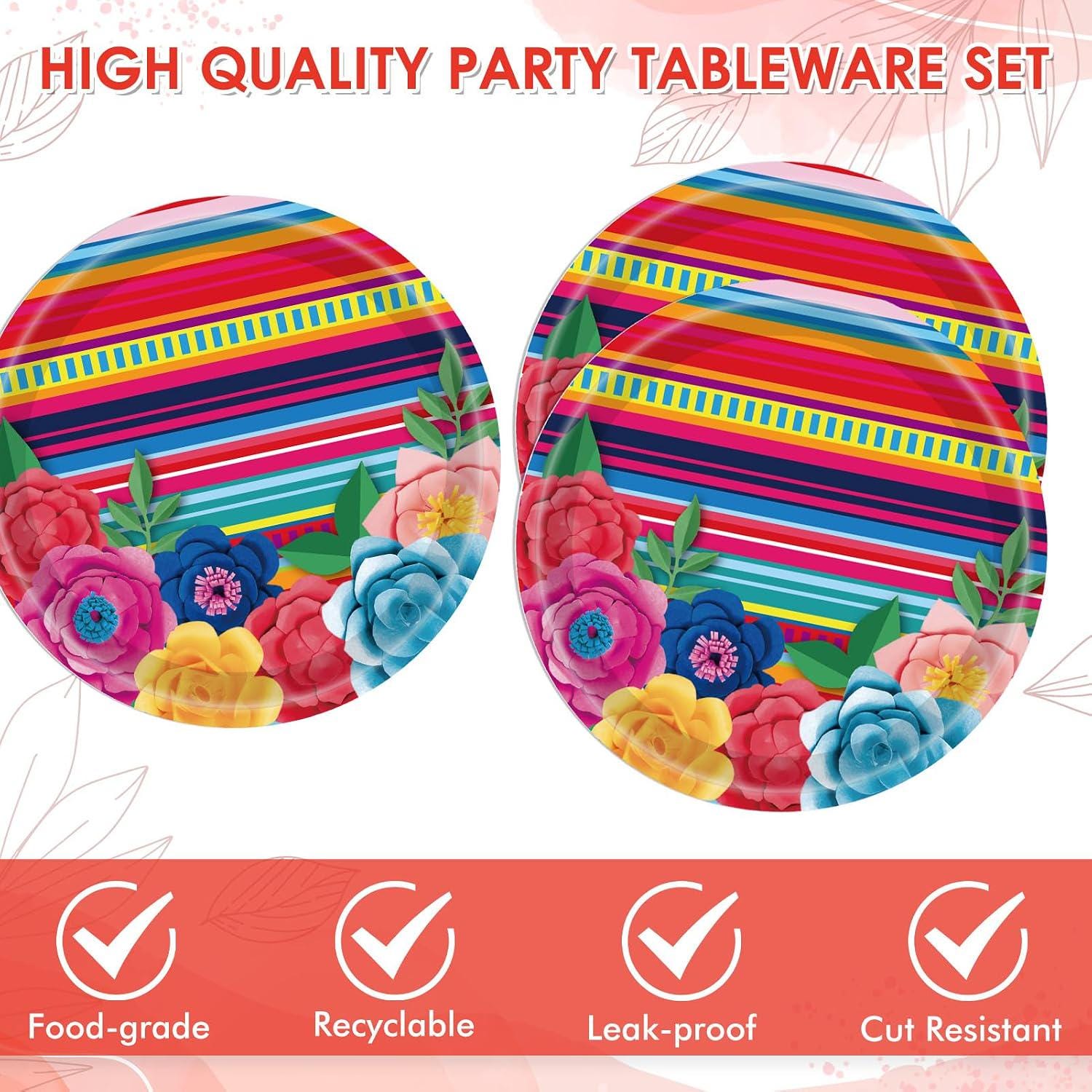 Mexican Fiesta Tableware Set, Papel Picado Plates Napkins, Colorful Floral Stripes (20 Count)