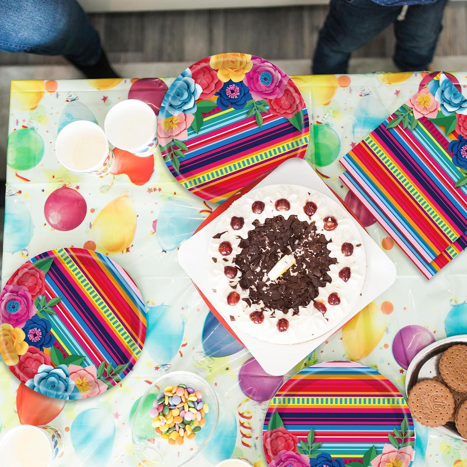 Mexican Fiesta Tableware Set, Papel Picado Plates Napkins, Colorful Floral Stripes (20 Count)