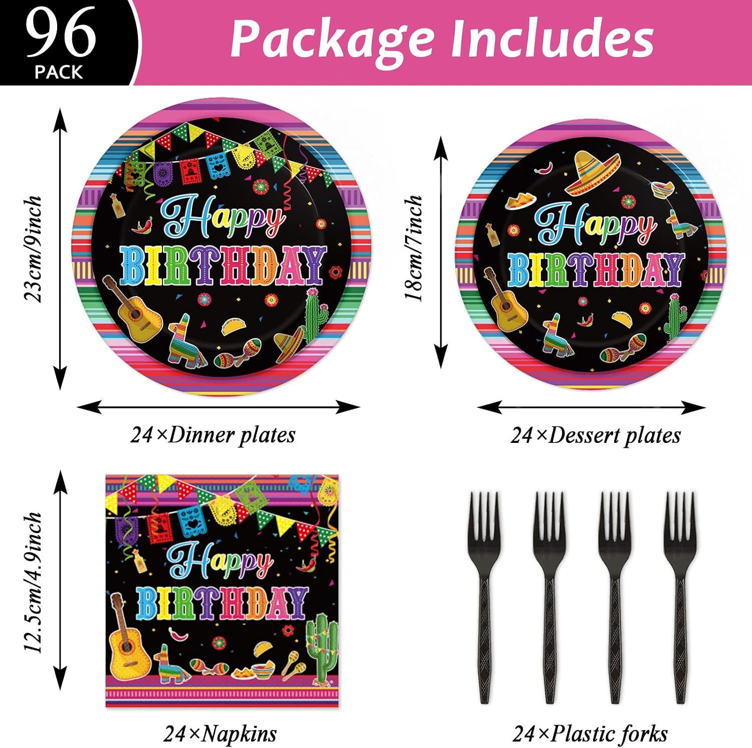 Mexican Fiesta Birthday Tableware Set, 96-Piece Party Supplies (24 Guests)