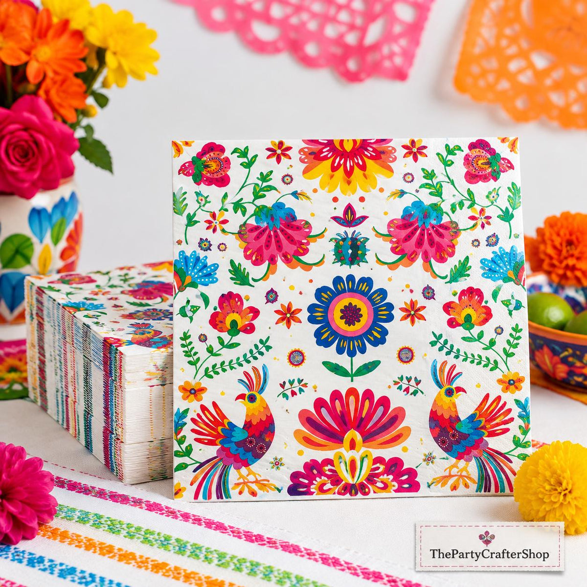 Mexican Folk Art Floral Napkins, 50 PCS, 13x13 Inch Fiesta Paper (2 Ply)