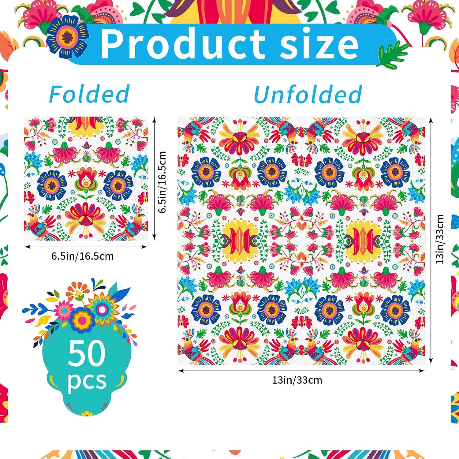 Mexican Folk Art Floral Napkins, 50 PCS, 13x13 Inch Fiesta Paper (2 Ply)